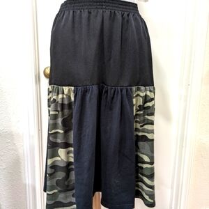 Upcycled Stylish Black and Camouflage Women's Skirt Elastic 30"Waist X 27"Length